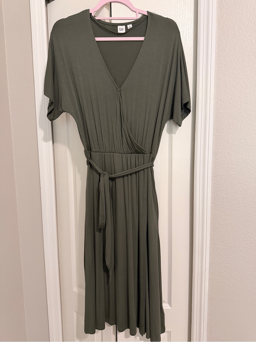 GAP Olive Wrap Midi Dress with Tie Waist